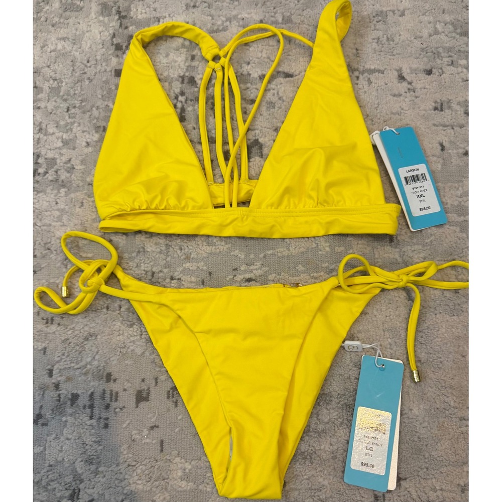 Beach Bunny‎ Larson High Apex Top XXL Quinn Tie Skimpy Bottom LG Yellow Bikini